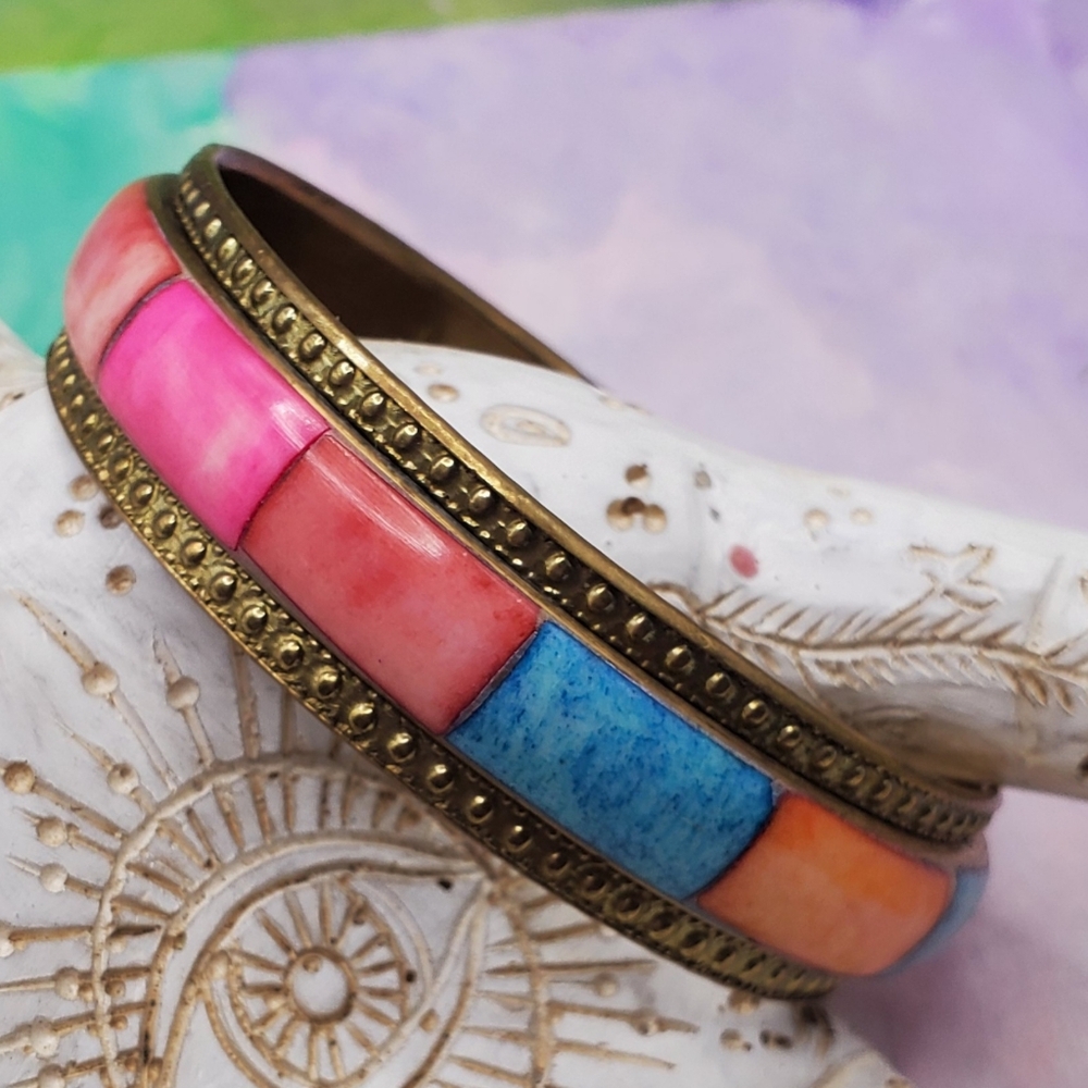 Vintage Brass Bracelet Bangle Coloful India Boho Hippie Vibe
